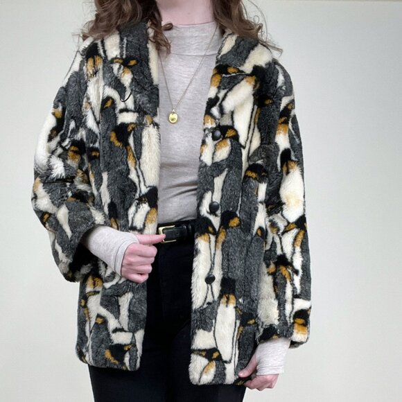 Vintage Novelty Print Penguin Pea Coat Faux Fur Teddy Jacket Oversized Peacoat - Picture 5 of 11